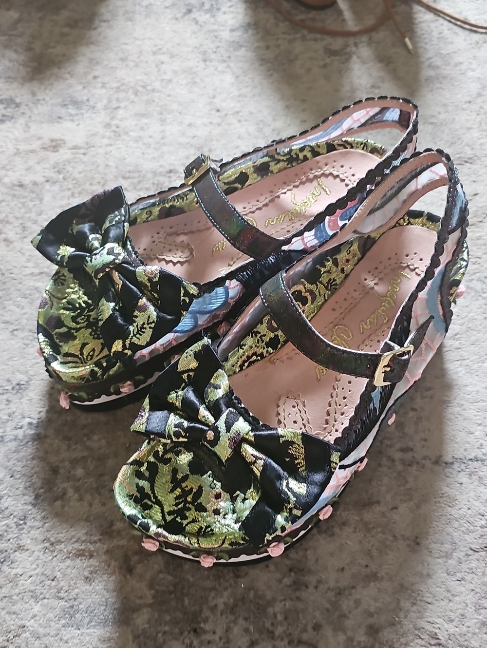 Irregular Choice Green Brocade Bow Slingback Mules